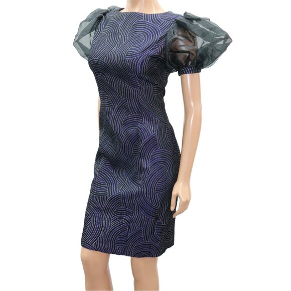 COUTURE Brocade Geometric Jacquard Fitted Dress Puff Sleeve S - Picture 2 of 5